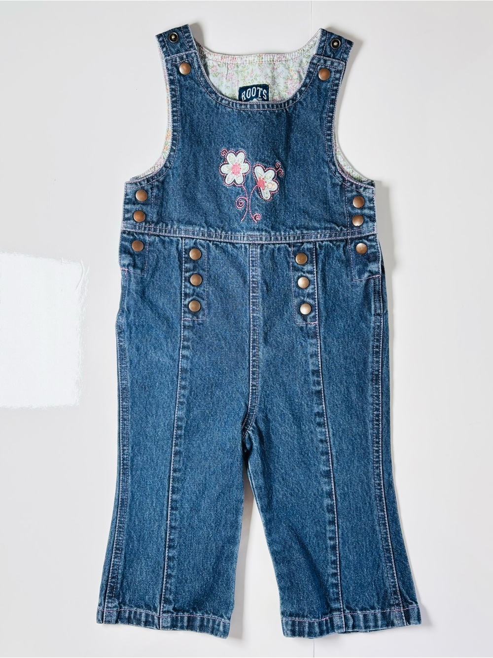 Vintage Y2K Roots Denim Overalls Floral Embroidered Sailor Buttons L